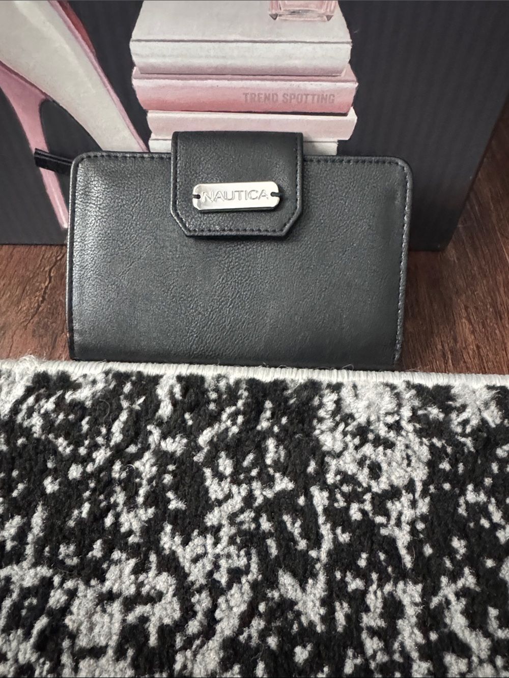 Nautica Black Faux Leather Zip Wallet with Silver Plaque